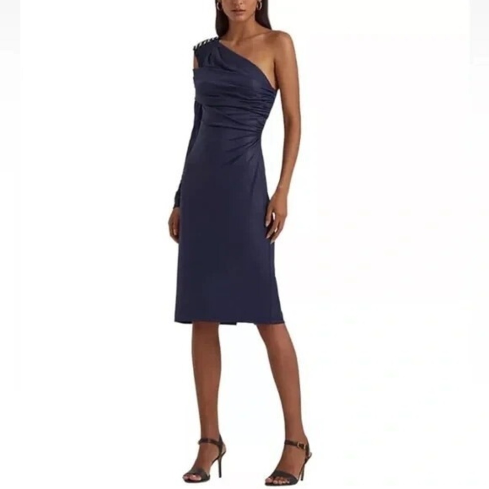 LAUREN RALPH LAUREN Size 6 Navy Metallic Knit One Shoulder Sheath Dress‎ NEW